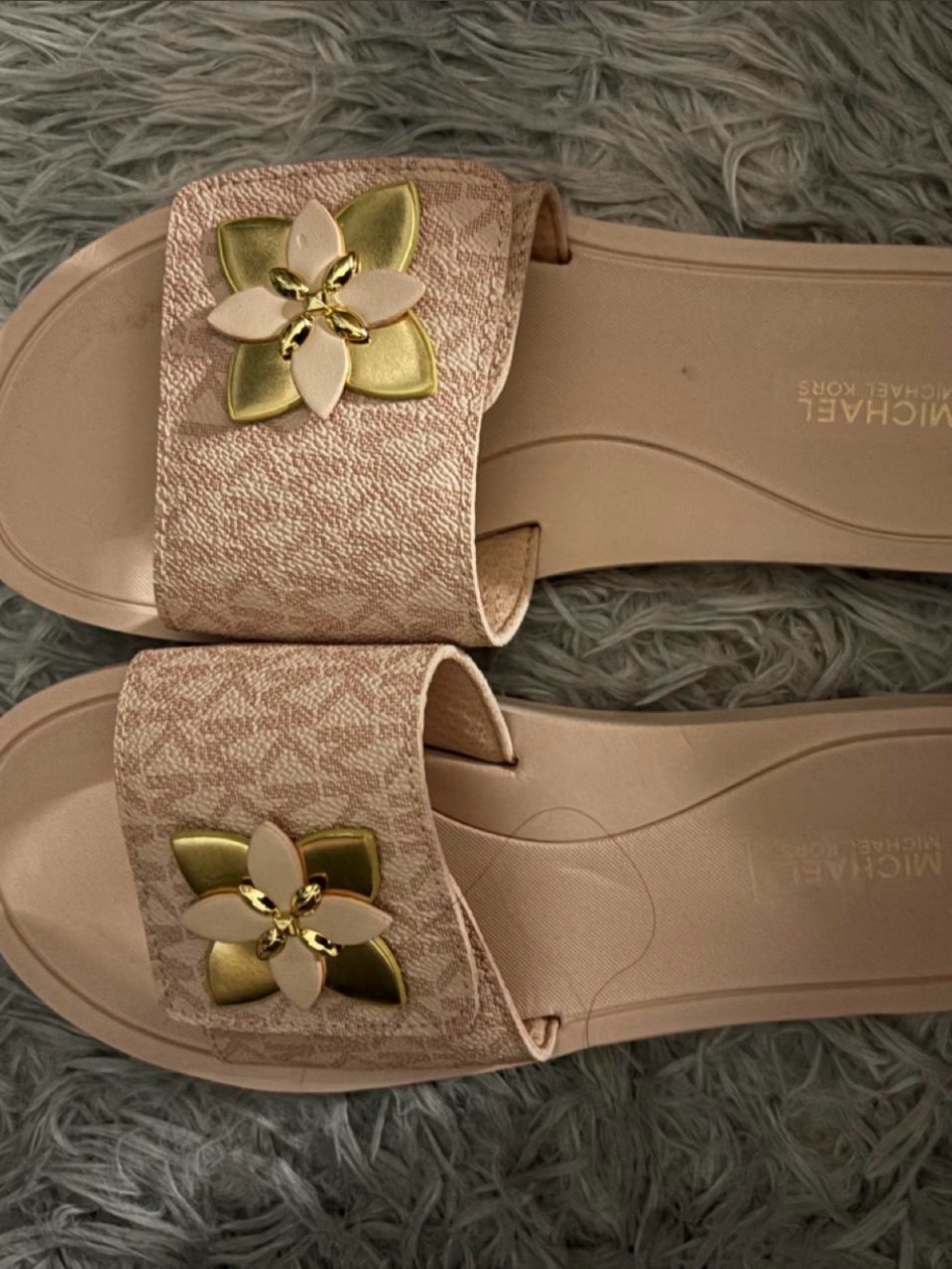 Michael Kors Blush Pink Slide Sandals with Gold Floral Accent